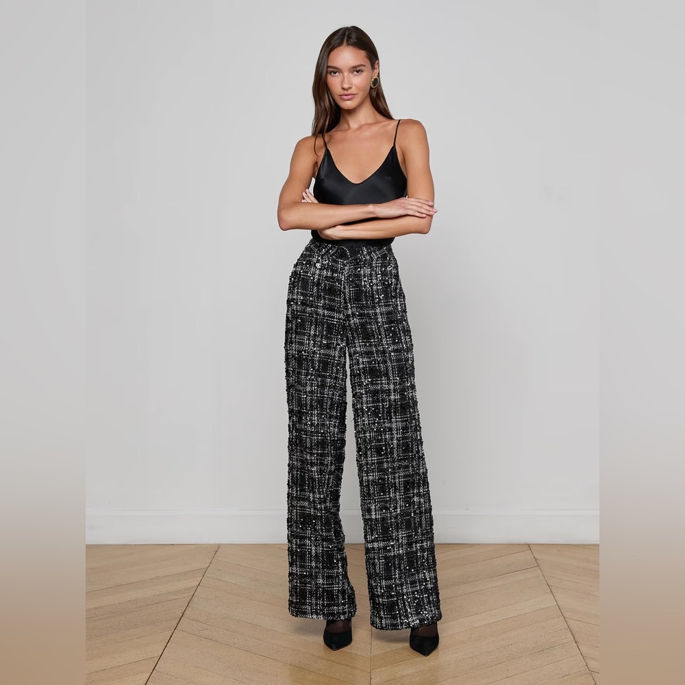 L'AGENCE Livvy Tweed Trouser Black White Sequin Tweed NWT Sz 4